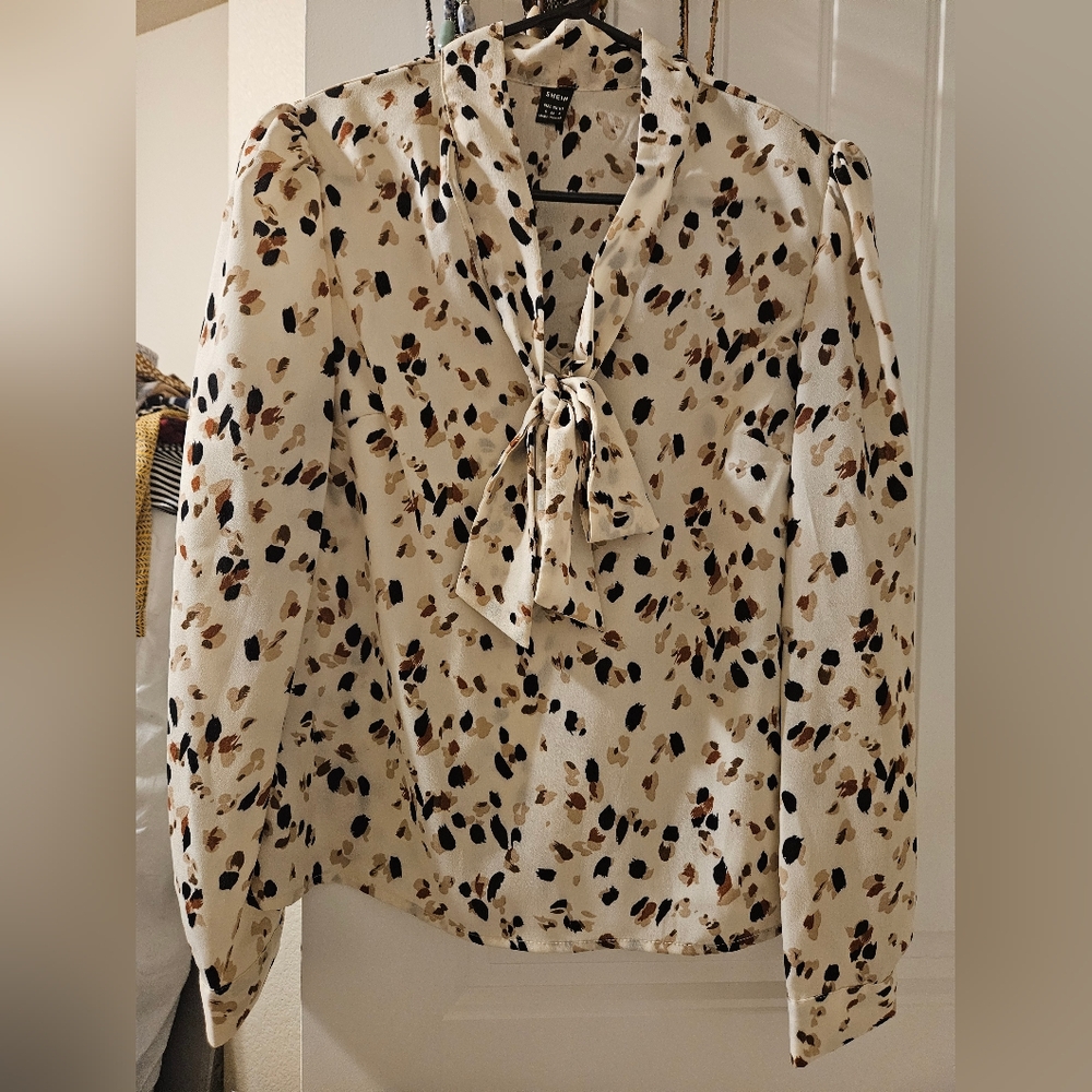 Cream and Brown Patterned Blouse